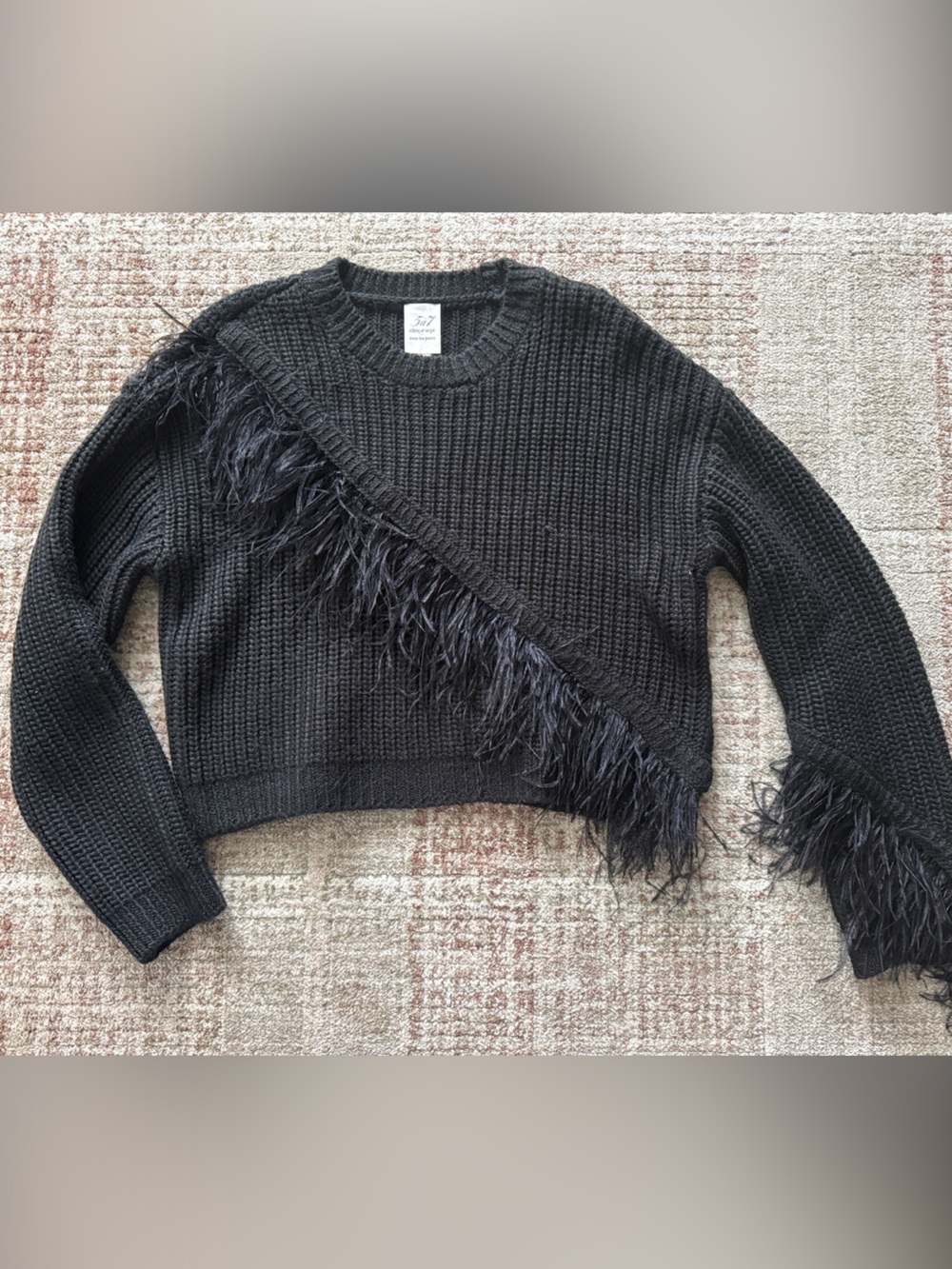 cinq a sept Black Feather-Trim Ribbed Crew Sweater